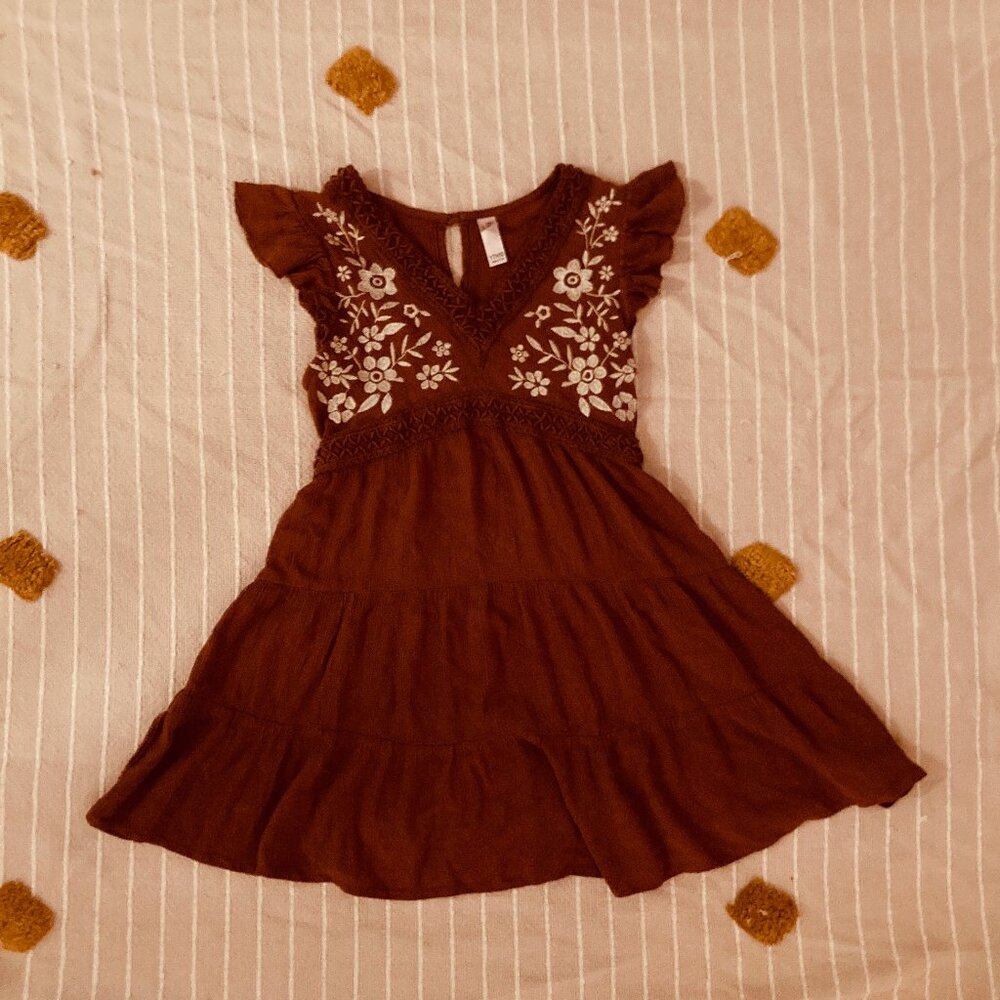 Youth Boho Brown Mini Dress | Embroidered Ruffle Sleeve